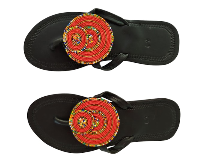 Red Beaded Sandals Women Summer Beach Handmade African Wedding Birthday Gift Colorful Circle Design Flip Flops Leather Look Finest Beads Art