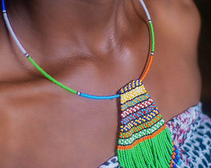 Beaded Green Pendant African Necklace | Maasai Traditional | Gift for Her