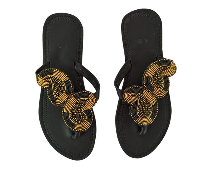 Black Gold Beaded Sandals Women Summer Beach Handmade African Wedding Birthday Gift Unique Swirl Design Flip Flops Leather Look Finest Beads