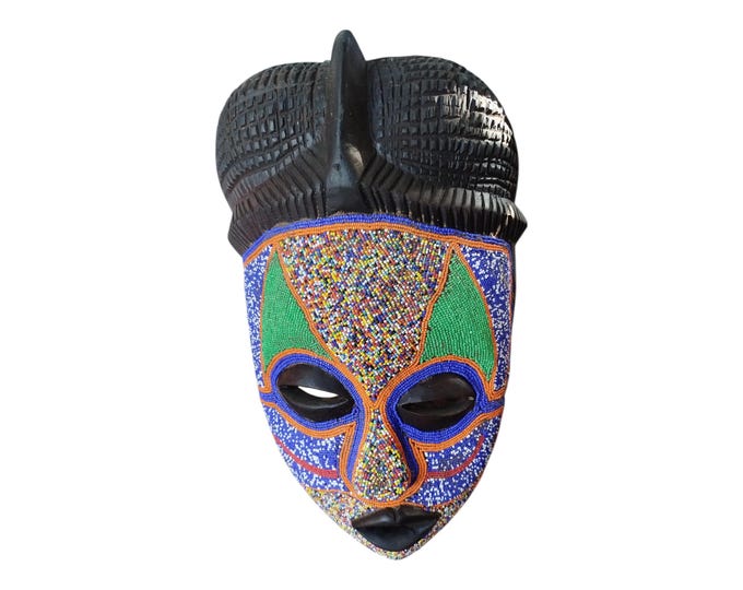 Striking  Lulua Tribal Mask: Hand-Beaded Cultural Art (Hand-Carved Wood)(Democratic Republic of Congo Art gift wood Wall Hanging Home Decor