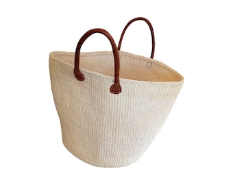 ON SALE! Handwoven Sisal Beach Tote Bag, Natural African Market Shopper with Leather Handles, Boho Storage Basket, Sustainable Vacation Bag