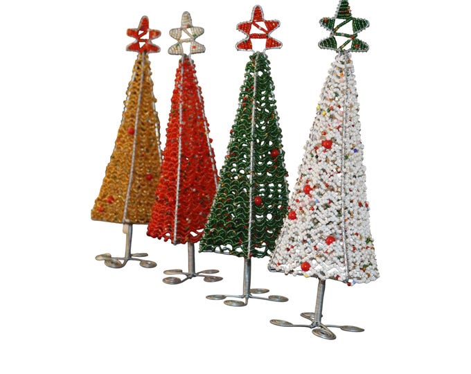 Handmade Beaded Christmas Tree Table Decor, African Wire & Seed Bead Xmas Tree with Red Star Topper, Festive Holiday Shelf Accent Gift