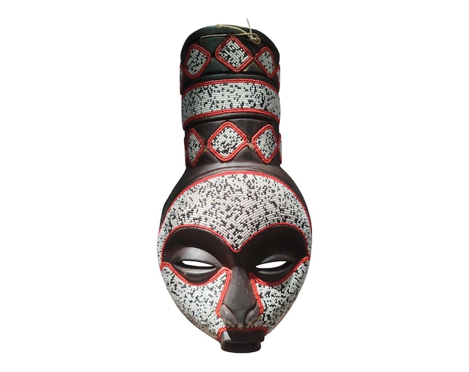 ON SALE!!  Elegant White & Multicolored West African Beaded Mask wall Decor Display Wall Hanging Ceremonial