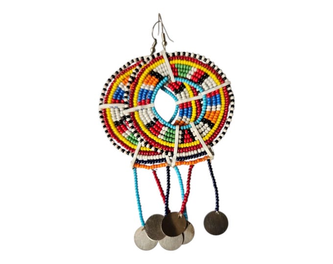 Maasai Wedding Earrings Handmade Colorful Beaded Large Disc Dangle Statement Jewelry African Tribal Bride Gift Silver Charms Festive Wear
