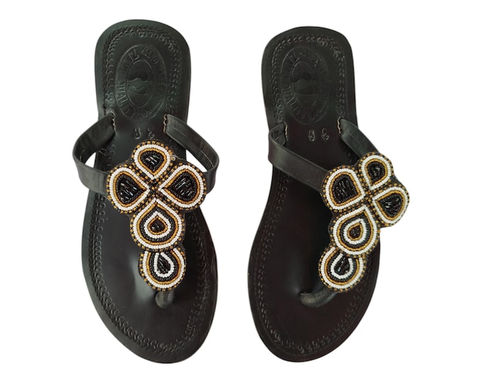 Elegant Black White Gold Beaded Sandals Women Summer Beach Handmade African Wedding Bday Gift Flower Clover Flip Flops Finest Beads Art Wow