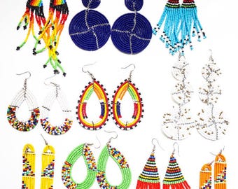 Wholesale Lot of 10 Pairs Maasai Style Beaded Earrings, Bulk African Jewelry Bundle, Resale Inventory Set, Fringe Hoop Dangle Variety