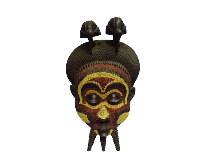 African Lualua Beaded Mask Antique Congo Wood Vintage African Wall Hanging Ceremonial Yellow