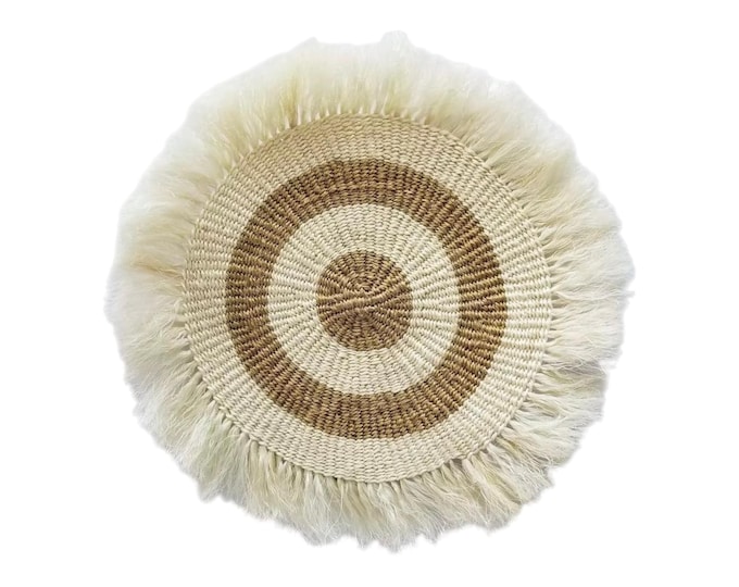 Handcrafted African Woven Wall Basket, Round Fringe Raffia Wall Hanging, Boho Straw Placemat Table Decor, Housewarming Gift