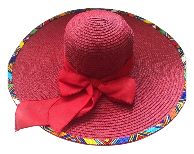 African Beaded Red Sun Hat, Wide Brim Straw Beach Hat with Bow, Colorful Beaded Edge Summer Cap, Handmade Boho Festival Hat