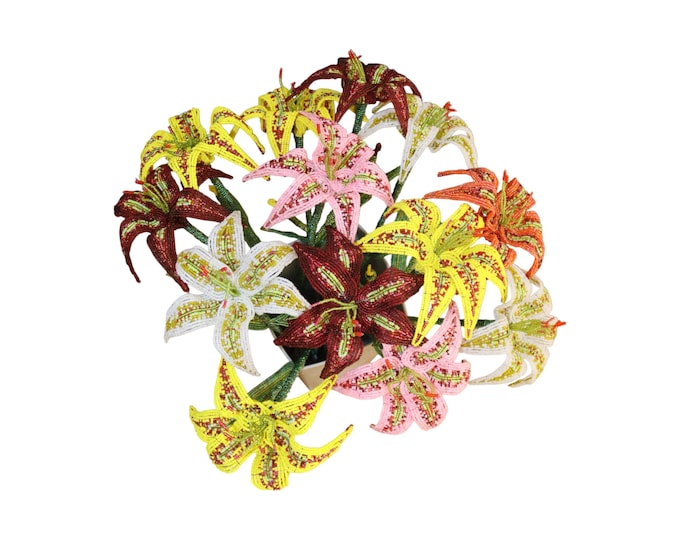 Handcrafted African Beaded Tiger Lily Bouquet, Multi-Color Forever Flowers (Pink, Yellow, Burgundy), Unique flower