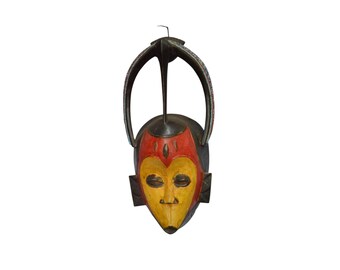 African Beaded Bird Mask Cameroon Wood Antique Vintage African Wall Hanging Ceremonial Yellow