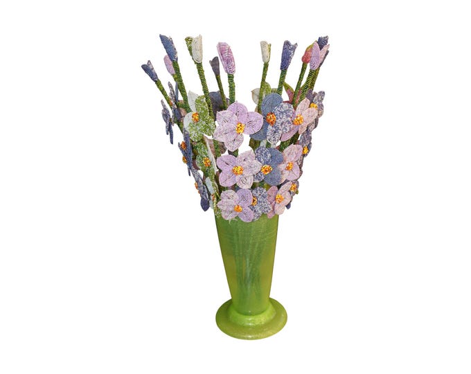 Handcrafted African Beaded Orchid Bouquet, Delicate Lavender & Blue Forever Flowers, Unique Permanent Mixed Floral