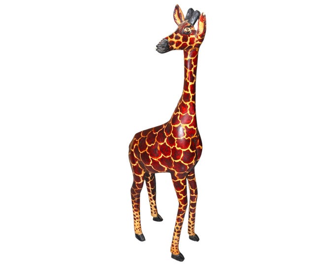 Hand Carved African Wooden Giraffe Statue: Red Mosaic Gold Crackle Finish