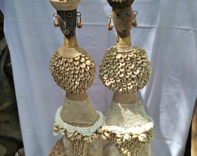 A pair of Elegant White African Namich Dolls with Cowrie Shells Art gift wood Table top Home Decor Shelf Shop
