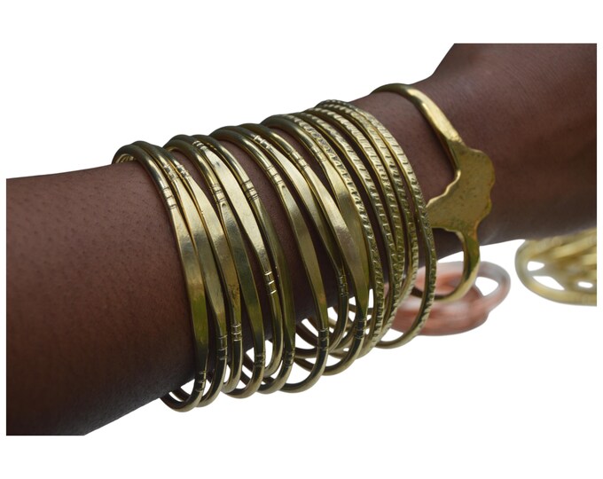 On sale A Group of 15  Golden Brass Bangle Stacking Set with Statement Cuff - Handcrafted African Style