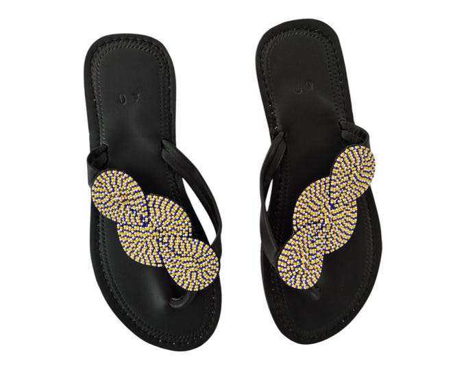 Yellow Blue Beaded Sandals Women Summer Beach Handmade African Wedding Birthday Gift Unique Leaf Design Leather Finest Beads Art Wow