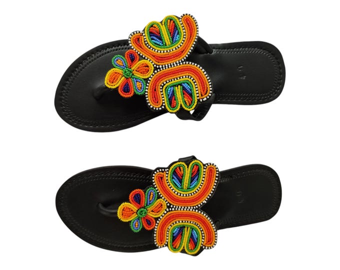 Colorful Floral Butterfly Beaded Sandals Women Summer Beach Handmade African Wedding Bday Gift Unique Leather Finest Beads Art Wow Chic