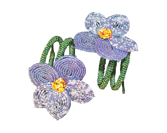 Handmade Beaded Purple Pansy Napkin Rings Set, African Wire Seed Bead Orchid Holders, Boho Floral Table Decor Gift