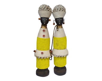 On Sale Make Vibrant Yellow & White African Namich Dolls with Cowrie Shells (Set of 2) Celebrating Childhood Symbolic Cultural Console decor