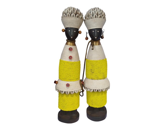 On Sale Make Vibrant Yellow & White African Namich Dolls with Cowrie Shells (Set of 2) Celebrating Childhood Symbolic Cultural Console decor
