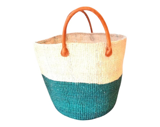 Handwoven Kenyan Sisal Kiondo Basket Bag with Leather Handles: Two-Tone Pink & Natural African Tote