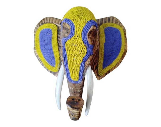 On Sale Beaded Majestic Elephant Head Wall Art: Animal Theme Wisdom & Cultural Significance African Wall Hanging Ceremonial Orange