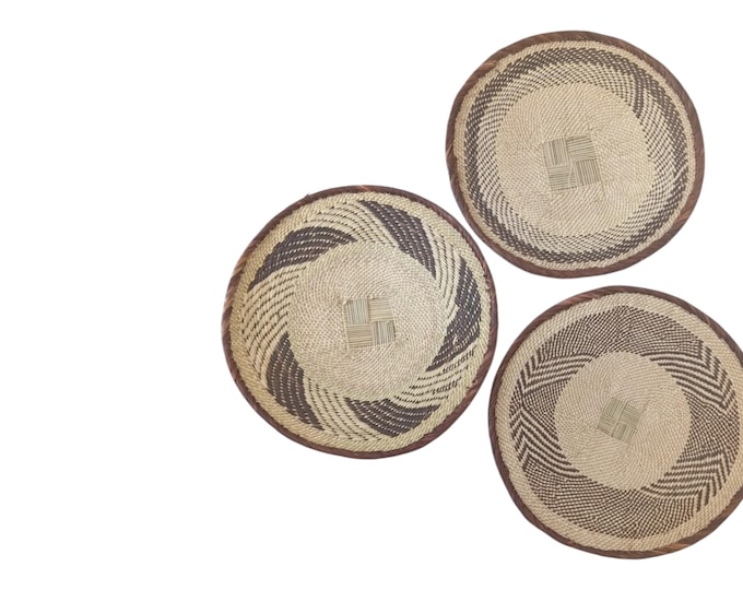 Set of 3 Woven Wall Baskets Deco, Boho, African Basket Wall Art, Handwoven Seagrass Chic Plate 15'',16'',20''
