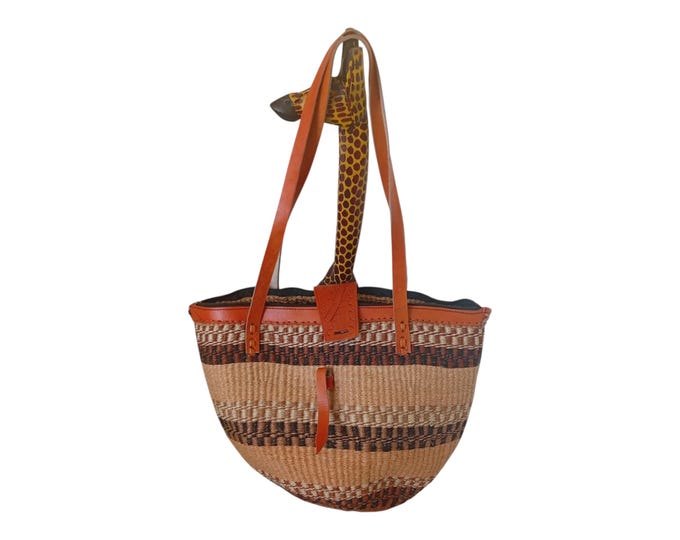 Handwoven Sisal Tote Bag with Leather Straps, Terracotta Striped African Market Purse, Boho Earthy Shoulder Bag, Woven Straw Beach Bag
