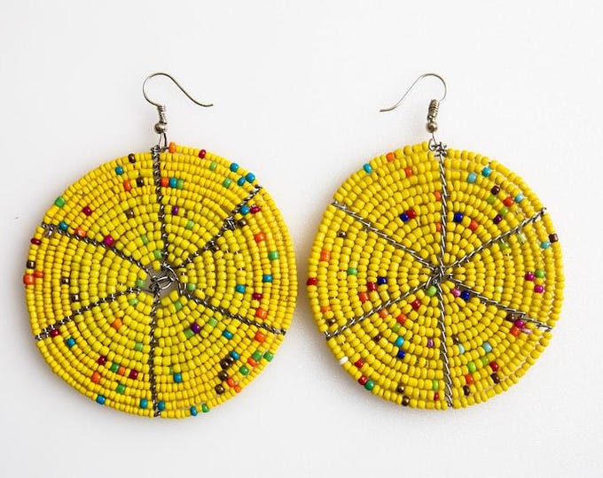 On SALE African Maasai Vibrant Handcrafted Yellow & Multi-Color Beaded Circle Earrings: African Inspired | Beaded Earrings | Yellow Earrings