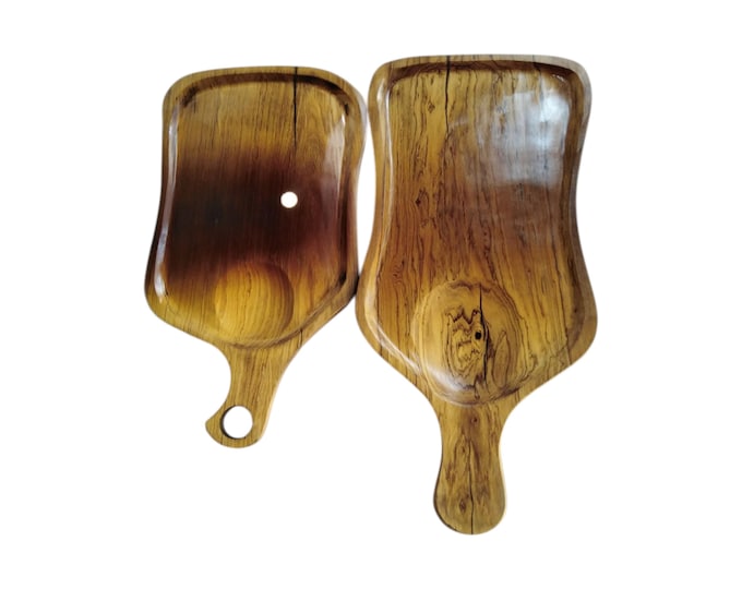 Set of 2 Organic Wooden Serving Trays | Hand-Carved Natural Wood Boards | Rustic Cheese Paddles