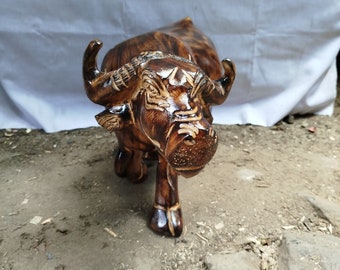 Handcarved Ebony Wood Buffalo Sculpture: Kamba Tribe Art