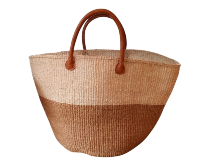 African Sisal Kiondo Handbag Brown White Beach Bag Handmade Unique Gift African Decor Shopping Bag Laundry Basket Fibre Art
