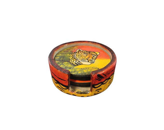 On sale!!Hand-Painted Wooden Coaster Set with Leopard Motif - African Art Decor |Traditional Decor| Home Decor