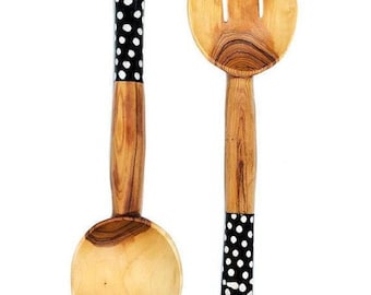 Salad Servers | Wooden Spoons | African Spoon | Tribal Scooper | Zebra Design | Olive Wood.
