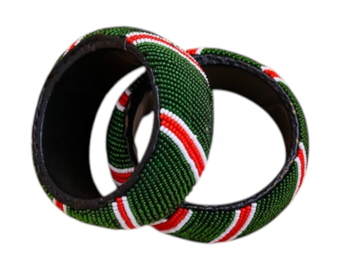 Set of 2 Wide Green African Beaded Bangles | Red and White Striped Maasai Bracelets