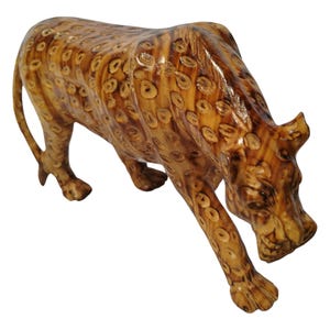 A Hand-Carved Jacaranda Wood Leopard Figurine with Spotted Pattern - African Wildlife Art Decor-Table top console top Art