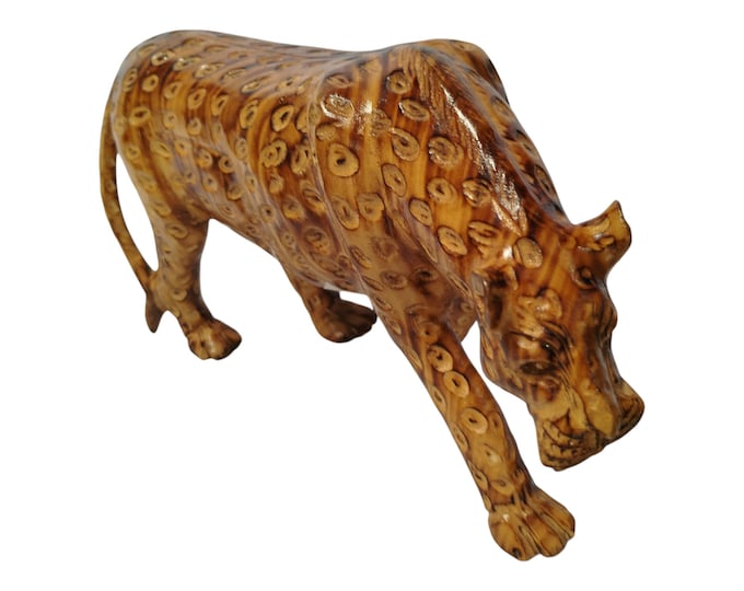 A Hand-Carved Jacaranda Wood Leopard Figurine with Spotted Pattern - African Wildlife Art Decor-Table top console top Art