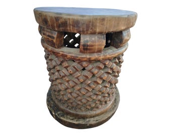 ON SALE!!West African Carved Wooden Cylindrical Stool with Geometric Texture home decor African art Wall art
