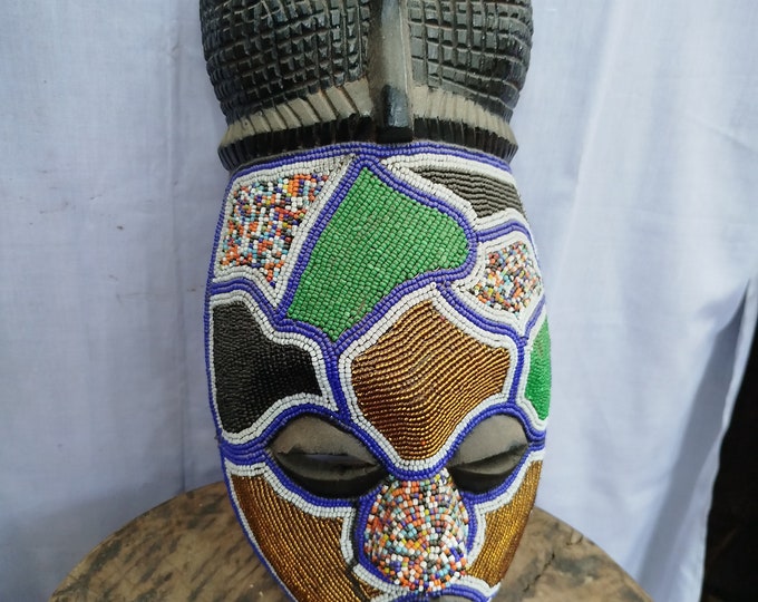 Enigmatic Lulua Mask - Hand-Carved Wood (Democratic Republic of Congo Art gift wood Wall Hanging Home Decor Green bronze