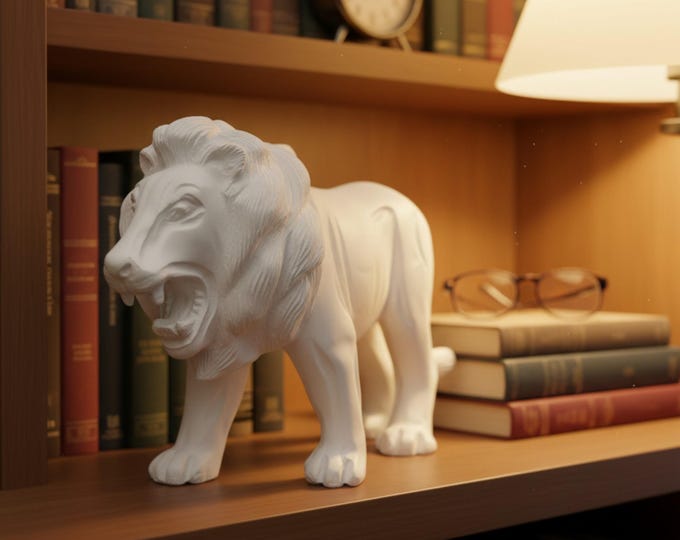 Majestic White Lion Sculpture - Roaring Lion Statue for Bookshelf Decor - Regal Animal Home Office Art