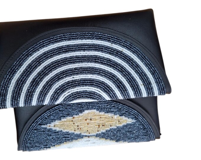 Handcrafted African Beaded Black Leather Clutch, Monochrome Geometric Envelope Evening Purse, Boho Chic Gift for Her