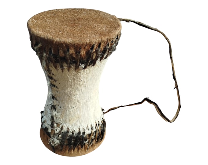 A  Hourglass Cowhide & Fur Kenyan Mini Drum African Souvenir Tribal Art Decor Gift Collectible Handmade Decor bongo