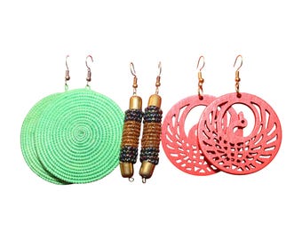 Set of 3 Artisan African Earrings | Boho Red Wood & Green Rope Dangles
