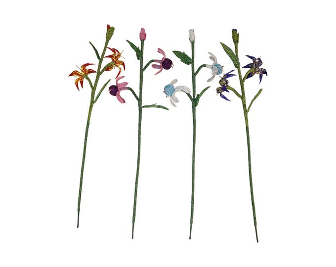 Set of 4 Handcrafted African Beaded Gloriosa Lily Stems, Unique Permanent Exotic Flowers, Multi-Color