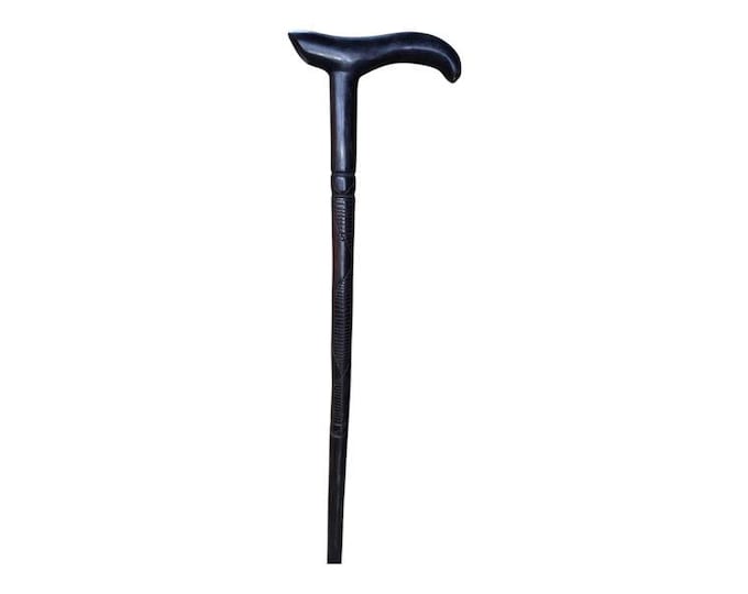 On Sale Elegant Black Derby Handle Walking Cane - Hand Carved African Wood Hiking Status Pointing Maasai Stick Dapper Gentleman Royalty