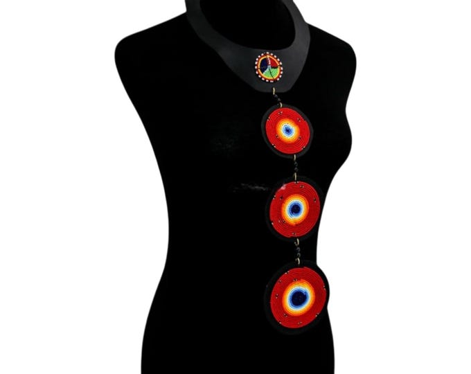 African Geometric Disc Pendant Necklace, Long Layered Beaded Circle Drop, Vibrant Tribal Statement Choker