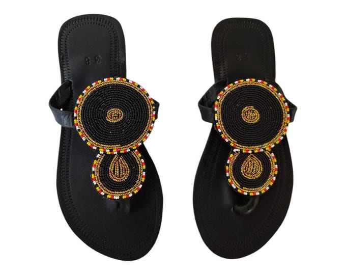 Black Red Gold Beaded Sandals Women Summer Beach Handmade African Wedding Bday Gift Unique Leather Circle Design Finest Beads Art Wow