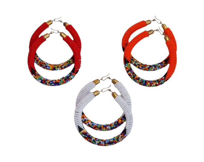 Set of 3 Zulu Beaded Earrings | Red, Orange, and White African Hoops | Handmade Jewelry