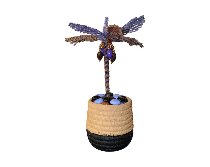 Handmade Beaded Palm Tree in Woven Pot, Purple African Wire Seed Bead Plant Sculpture, Tropical Desk Decor, Boho Shelf Accent Gift