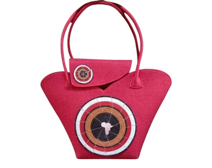 Handcrafted African Beaded Fabric Tote Bag & Wallet Set, Crimson Red Shoulder Purse with Map Beadwork, Boho Gift for Her